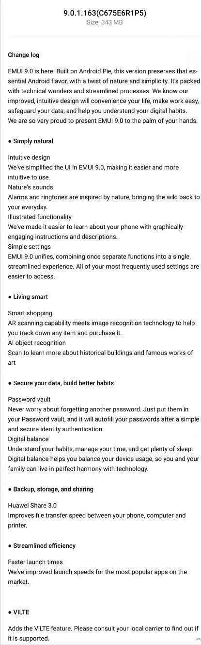 Honor 8 Pro EMUI 9 update changelog Honor 8 Pro EMUI 9 update changelog