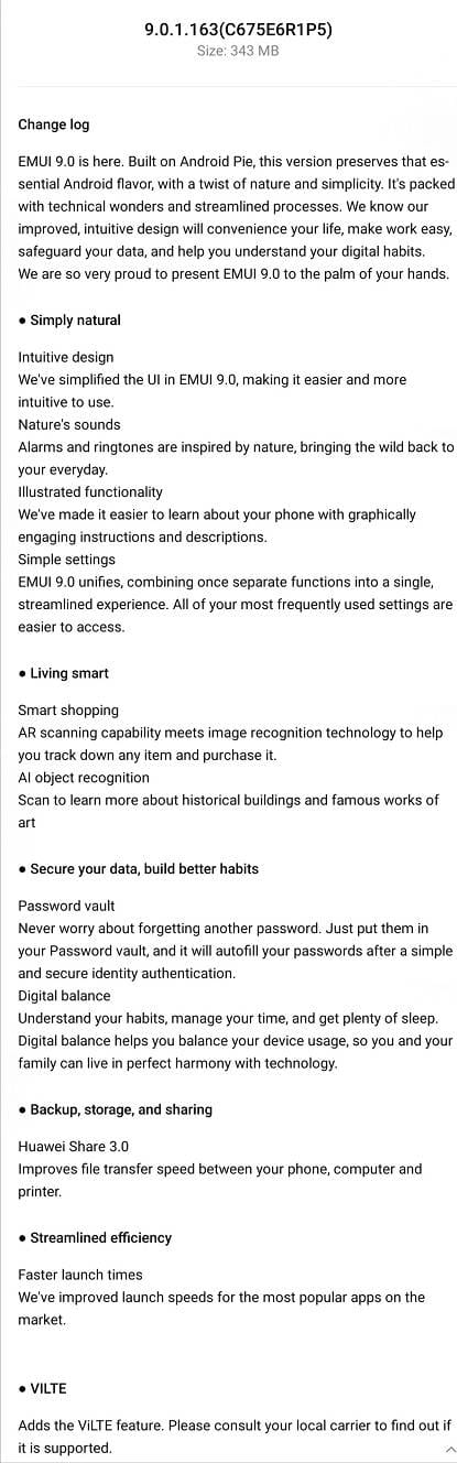 Honor 8 Pro EMUI 9 update changelog